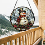 Stained Glass Window Hanging - Christmas Snowman Suncatcher for Door Terrace Garden Home Decor Winter Forest Snow Sun Catcher Birthday Gifts for Lovers Women Men Dad Mom Nana 9.8 in