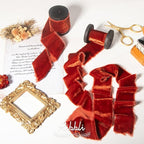 Ribbli Rust Red Velvet Ribbon 1.5 Inch Handmade Frayed Vintage Christmas Ribbon for Gift Wrapping Christmas Tree Ornament Wreath Craft Home Decor -Total 3 Yards with Wooden Spool