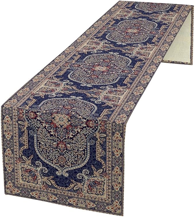 Boho Floral Vintage Table Runner, Blue Purple Retro Flower Rustic Country Farmhouse Pattern for Home Kitchen Table Decor Dining Coffee Room Party Decor 13x60in