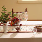 patdrea Designer Idyll Linen Table Runner, Vintage Beige Farmhouse with Ancient Spring Figure and Fruit Trees Pattern Table Mat, Decoration for Kitchen Dining Banquet Christmas ,12"*87"