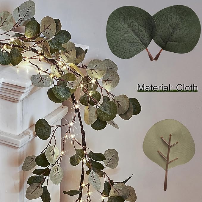 Birchlitland Decorative Garland Lights 6FT 96 LED Fairy Lights, Lighted Eucalyptus Twig Garlands with Timer Battery Operated for Bedroom Stairs Party and Holiday Decor Indoor Outdoor