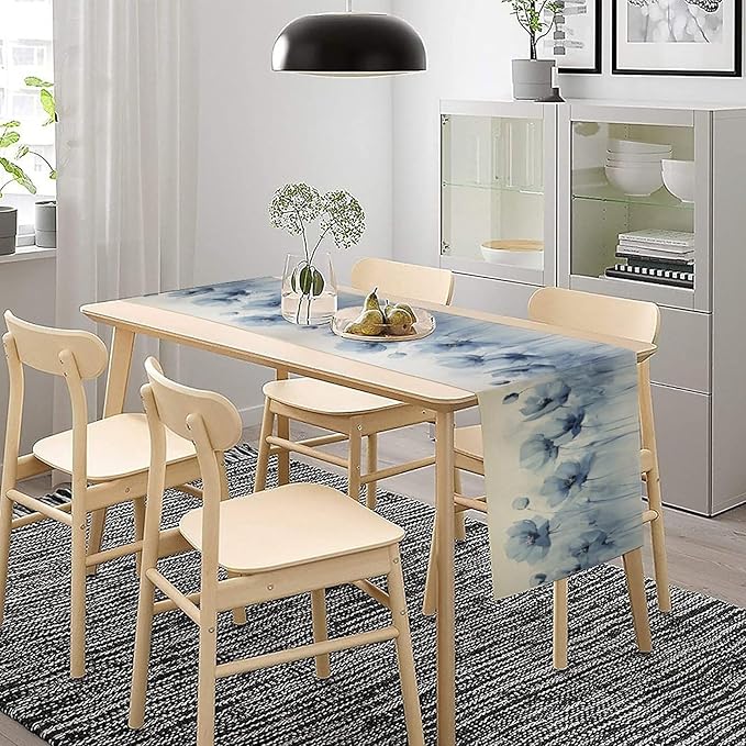 Abstract Floral Table Runner, Blue Poppy Flower Modern Art Print Kitchen Dinning Table Runner for Indoor Outdoor Home Wedding Party Holiday, 13x60 Inch