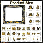 2026 New Year Photo Booth Inflatable Frame Kit, 30Pcs New Years Photo Booth Props with Inflatable Picture Frame Black Gold Decorations for New Year Eve Party Selfie Props Supplies