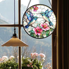 Stained Glass Window Hanging - Blue White Hummingbirds Pink Flowers Suncatcher for Door Terrace Garden Home Decor Bird Sun Catcher Birthday Gifts for Lovers Women Men Dad Mom Nana 15 in