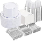 NOCCUR 700PCS Silver Plastic Plates Disposable for 100 Guests - Include 100 Dinner/Dessert White Plastic Plates with Silver Trim,300 Cutlery,100 Cups,100 Napkins for Party&Christmas