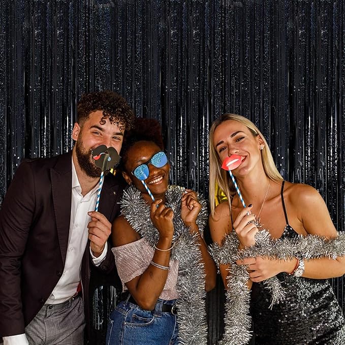 5 Pack Black Photo Backdrop Party Streamers Metallic Tinsel Curtains for Birthday Halloween Decor Bachelorette Wednesday Wizard Party