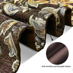 Embroidered Dark Brown Table Runners 120" Boho Thick Chenille Gold Floral Pattern for Party Decor