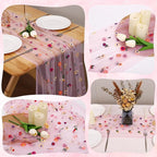 6PCS Pink Floral Table Runner 10 FT, Embroidery Daisy Table Runners Seasonal Sheer Tulle Table Runner for Thanksgiving Wedding Birthday Baby Shower Party ﻿