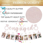 Pre-Strung Engaged Photo Banner - Rose Gold Glitter Engagement Party Decoration Supplies with Romantic Memories Picture Card Frames for Bachelorette, Bridal Shower, Wedding Party Photo Booth Props