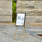 Metal Large Free Standing Adjustable Display Stand Scroll Easel with Chain Support, Gold Easel Stand for Sign, Heavy Duty Easel for Mirror, Wedding, Picture Frame (No Installation Required)