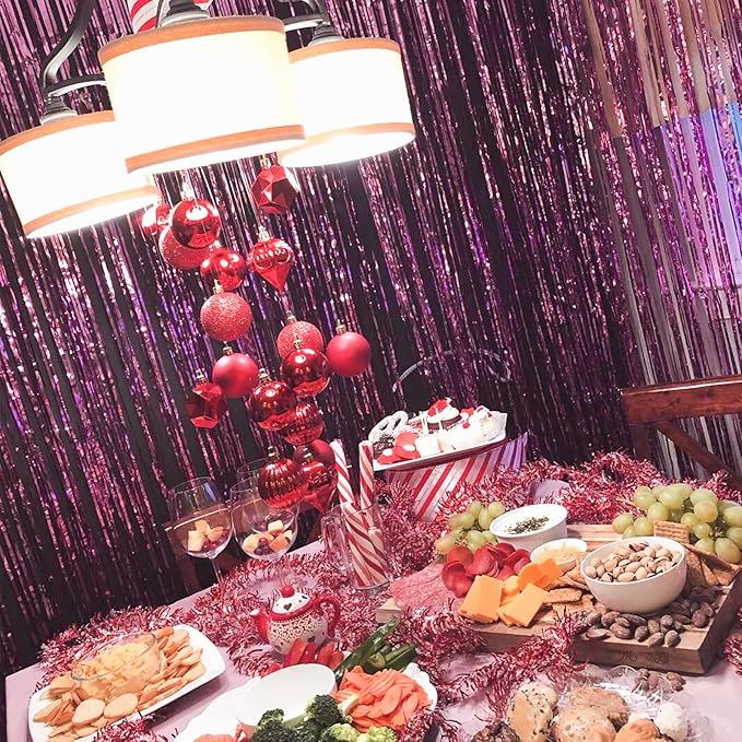 PartyWoo Foil Fringe Curtain Hot Pink, 2 pcs Hot Pink Streamers, Fringe Backdrop, Tinsel Backdrop, Tinsel Curtain, Metallic Door Shimmer, Birthday Party Streamers