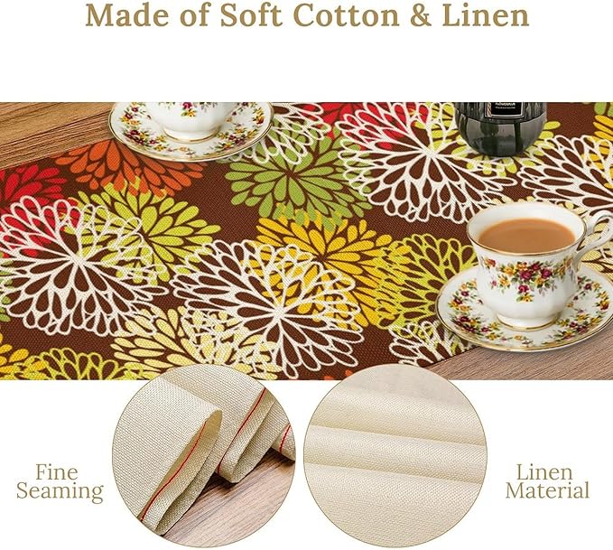 Brown Dahlia Floral Table Runner, Seasonal Autumn Thanksgiving Pattern Print for Home Kitchen Table Decor Dining Coffee Room Party Decor 13x70 Inch