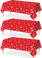 Jectivs 3 Pieces Christmas Snowflake Plastic Party Tablecloth Decorations,White Snowflake Red Xmas Backdrop Sign Table Cover Banner for Winter Christmas Holiday Party Supplies,54x108 inch (Red)