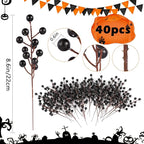40 Pcs Artificial Berry Stems Branches, Halloween Black Faux Holly Berries Picks Ornaments for Christmas Tree Wreath DIY Craft Decorations Holiday Home Decor (40, Black)