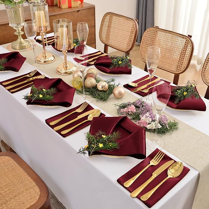 50 Pieces Burgundy Satin Napkins, 17" x 17" Square Table Napkins, Silky Soft Smooth Washable Napkins for Restaurant, Weddings, Dinner, Party Decoration