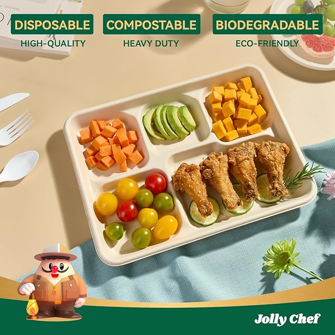 JOLLY CHEF Compostable 𝟱 Compartment 𝟭𝟭 * 𝟴 𝗶𝗻𝗰𝗵 Paper Plates [𝟭𝟬𝟬 𝗣𝗮𝗰𝗸] Heavy Duty Small Natural Divided Eco-Friendly Biodegradable Containers Food Trays for Dinner Lunch Buffet