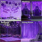 HXWEIYE 300LED Fairy Curtain Lights, 9.8x9.8Ft USB Plug-in 8 Modes Christmas String Hanging Lights with Remote for Bedroom Backdrop Wedding Party Indoor Wall Decor, Purple