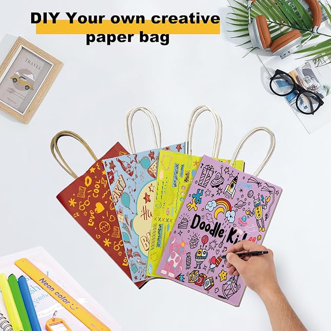 BAG BOX 25 Pack Small 5.9x3.1x8.25 Inch Blue Kraft Paper Gift Bags with Handles for Bulk Shopping, Retail, Craft, Party Favors, Wedding, Grocery & Sacks