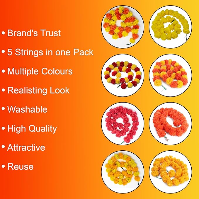 Artificial Marigold Flower Garland for Diwali Decoration, Weddings, Parties Events, Pooja Festival - Traditional Indian Decoration (Orange 5 PC | 4 to 4.5 ft) Hashcart®