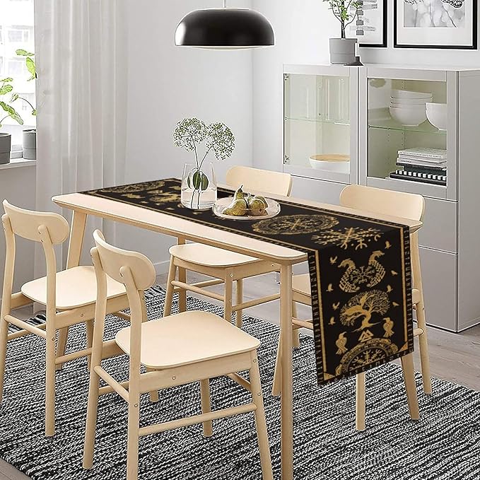 Viking Tree of Life Abstract Table Runner for Living Room Home Party Coffee Dining Party Wedding Golden Black Celtic Style Geometric Dragon Boat Rudder Ancient Script Table Runner 13x36 Inch