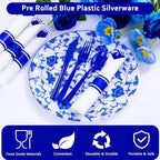 400PCS Pre Rolled Blue Plastic Silverware Sets - Heavy Duty Blue Cutlery - Include 100 Pack Wrapped Disposable Utensils with Napkins for Parties & Dinners & Weddings