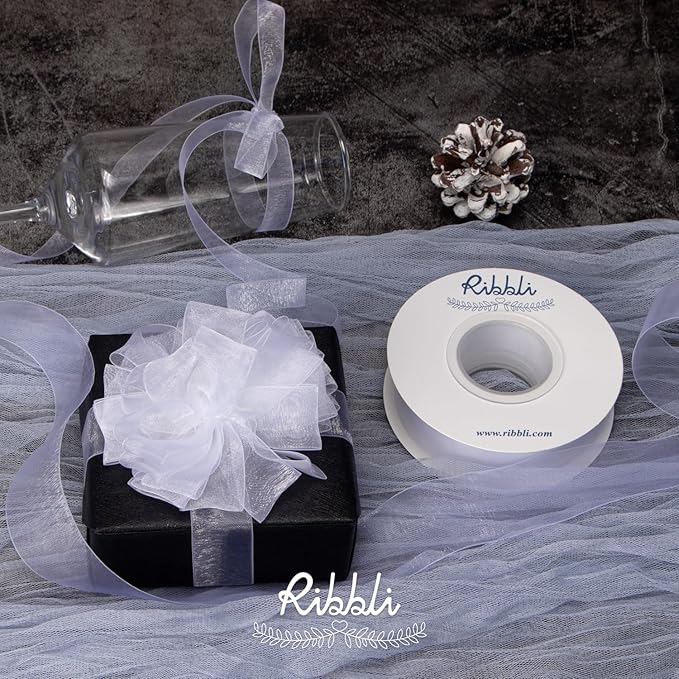 Ribbli White Sheer Organza Ribbon,1 Inches x Continuous 50 Yard Use for Gift Wrapping,Bouquet Wrapping,Wedding Decoration,All Crafting and Sewing