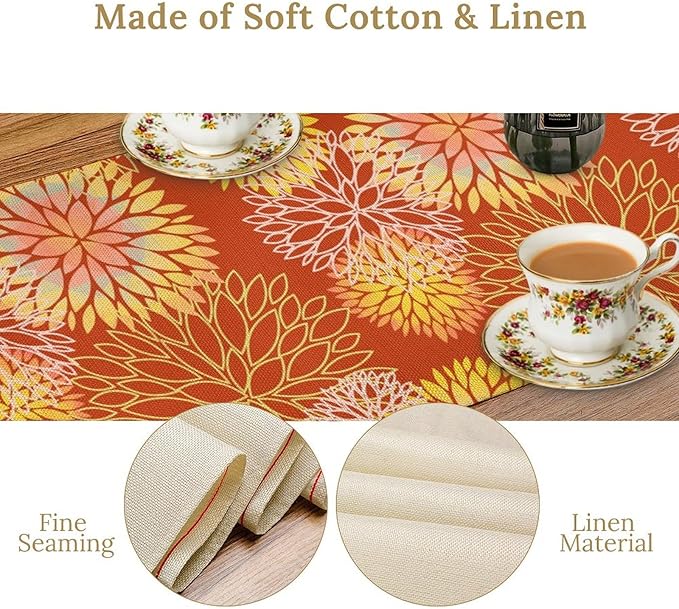 Yellow Floral Table Runner, Chrysanthemum Autumn Spring Summer Vintage Modern Linen Geometric Table Runner for Kitchen Living Room Bedroom Party Holiday, 13x70 Inch