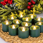 Homemory Green Tea Lights Candles Battery Operated, 200+Hour Flameless Flickering Fake Electric LED Colored Tealights Candles for Christmas, Theme Party, Seasonal Celebrations, 12-Pack