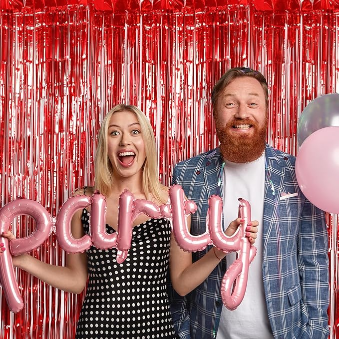 10 Pack Red Foil Curtain Backdrop 3.2ft x 9.8ft Metallic Tinsel Foil Fringe Curtains Streamer Photo Booth Backdrop for Birthday Party Engagement Bachelorette Party Decorations (Red)