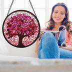 Stained Glass Window Hanging, Pink Love Tree of Life Sun Catchers Colorful Glass Panel Suncatcher Decor for Birthday for Women, Men, Wife, Lovers, and Mom 14.9x14.9 in