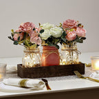 Mason Jar Lights Centerpiece for Table, Mason Jar Centerpiece Decor for Dining Room Farmhouse Coffee Table Decor with Wood Tray Fairy Lights Fake Peony Flowers for Kitchen Living - Pink White