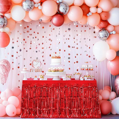 2 Pack Red Table Skirts, 29x108" Metallic Foil Tinsel Fringe Table Skirts for Rectangle Tables Streamer Curtains Backdrop, Party Decorations for Birthdays Weddings Holidays