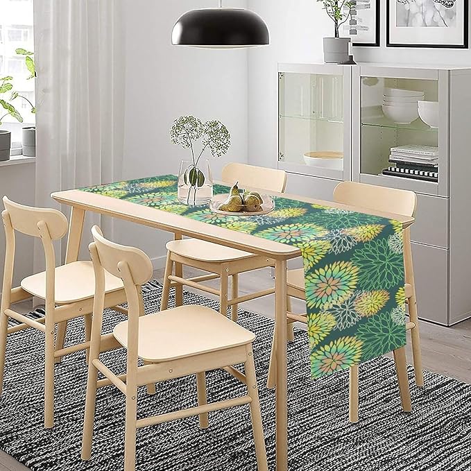 Green Dahlia Flower Table Runner, Linen Geometric Pattern Floral Table Decor Spring Farmhouse Decorations for Kitchen Dining Holiday Party Decor, 13x120 Inch