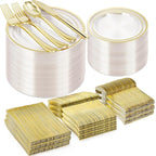 600PCS Clear Gold Plastic Plate Set (100 Guests), Plastic Plates for Party Wedding Birthday, Disposable Dinnerware Set of 200 Plates, 200 Forks, 100 Spoons, 100 Knives for Christmas