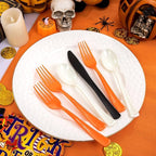 NOCCUR 180PCS Halloween Plastic Silverware Set - Tricolor Flatware Disposable Supplies Include 60 Black Knives, 60 Orange Forks, 60 White Spoons - Ideal for Halloween Party