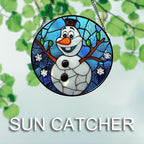 Stained Glass Window Hanging Christmas Funny Snowman 6.3" - Suncatcher Door Garden Blue White Snowflakes Sun Catcher New Year Birthday for Friend Mom Men Woman Nana