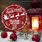 Round Metal Tin Sign - Santa Sleigh Reindeer Vintage Sign - Santa Claus Please Stop Here Sign for Christmas Living Room Bedroom Coffee Bar - 12 * 12 in