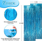 2 Pack Retro Blue Foil Fringe Backdrop Curtains, Tinsel Streamers Party Decorations, Fringe Backdrop, Door Shimmer for Retro Theme Party
