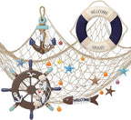 Marsui 11 Pcs Wooden Nautical Wall Decor Fishing Net Decoration, Include Decorative Fishing Net, Ship wheel, Fish Skeleton, Life Ring, Anchor, Starfish Beach Decor for Mediterranean Party (Brown)