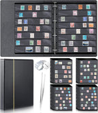 Lewtemi Stamp Collecting Albums Set Stamp Collection Book Include 20 Pages Album Binder Tweezer and Loop Magnifier Collecting Supplies for Collectors (Black,5/6/7/8 Rows)