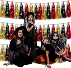 3P Metallic Fringe Banner Garland Foil Tinsel Streamer Wall Hanging Curtain Backdrop Banners for Parade Floats Graduation Decorations, Baby Bridal Shower Party Decoration(Red-Black Gold)