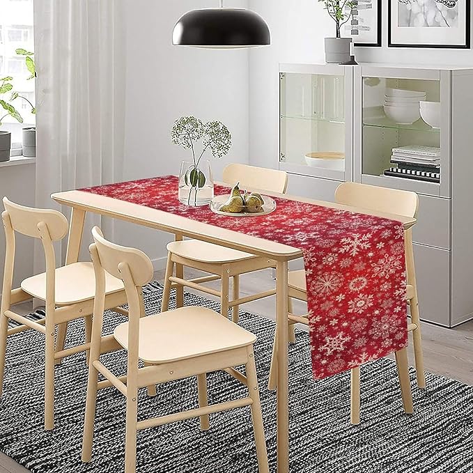 Snowflakes Christmas Table Runner, Winter Holiday Red Table Cloth Kitchen Dining Table Decoration for Home Party Decor 13x70 Inch