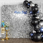 Qcity Silver Shimmer Wall Backdrop 36PCS, Black Back Not See-Through Design, Square Sequin Glitter Backdrop Panel, Perfect for Outdoor Events, Birthdays, Wedding and Party Decoration