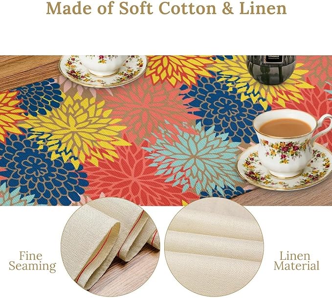 Dahlia Flowers Table Runner Colorful Floral Teal Grey Pink Yellow Blue Abstract Table Runner Kitchen Dining Party Decor Living Room, 13x90 Inch
