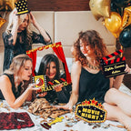 34pcs Hollywood Themed Movie Night Party Photo Booth Props, Hollywood Selfie Frame with Party Photo Props, Red Carpet Cutouts Cards Table Toppers Theme Decor Movie Night Party Supplies