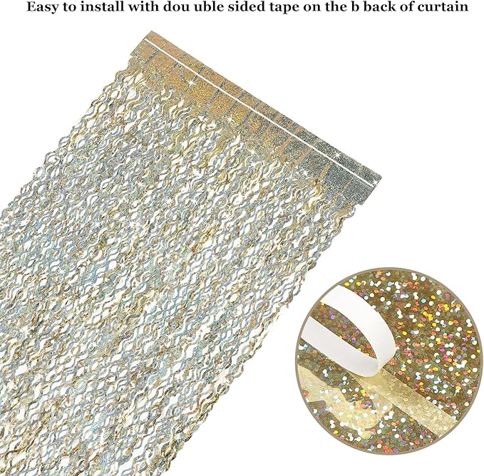 Champagne Gold Foil Fringe Backdrop - CYLMFC 3 Pack 3.3 ft x 6.6 ft Sparkle Tinsel Foil Fringe Backdrop Curtains for Birthday Anniversary Retirement Party Decorations