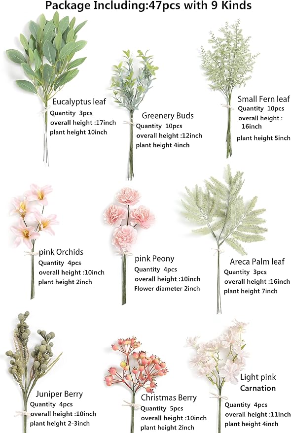 Serra Flora Artificial Greenery Stems Box Set,(Pack of 47pcs) with 9 Kinds of Faux Pink Green Filler for DIY Bridal Bouquets Wedding Floral Arrangement Table Centerpieces