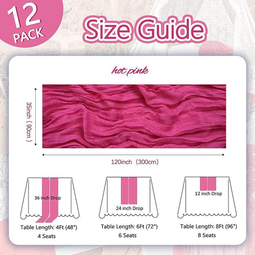 12 Pack Hot Pink Cheesecloth Table Runner 10ft Boho Gauze Fabric Cheese Cloth Table Runner 35 x 120 Inch Rustic Sheer Runner for Romantic Wedding Decor Baby Shower Party Table Centerpiece Decoration
