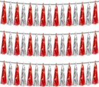 3P Red Silver Foil Fringe Metallic Tassel Streamers Banner Tassel Garland for Parade Floats, Bachelorette, Wedding, Birthday, Halloween, Christmas, Bridal/Baby Shower Party Decorations