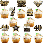 36PCS Happy 40th Birthday Cupcake Toppers Double Sided Black Gold Forty Hello 40 Vintage 1985 Cupcake Picks Cheers to 40 Years 40 Fabulous Cake Decorations for 40th Birthday Party Supplies